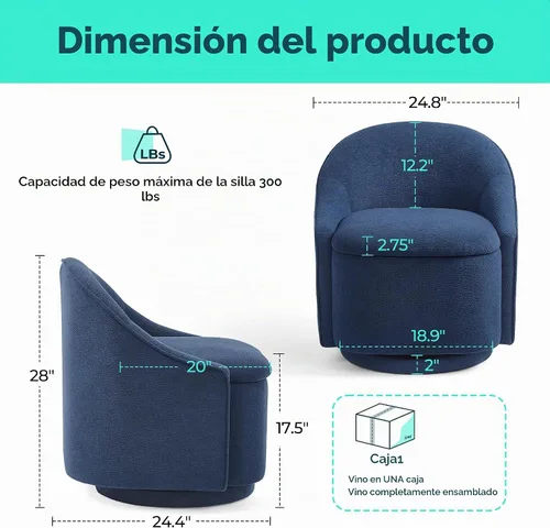 Vista 2 de [Usado] LINSY Juego de 2 Sillas Giratorias de Acento, Cómodas Sillas Tipo Barril de Chenilla con Almacenamiento Giratorio de 360 Grados, Sillón Azul
