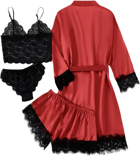 Vista 2 de LYANER Conjunto de pijama de 4 piezas para mujer con ribete de encaje floral satinado con bata