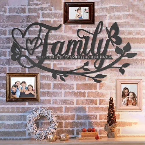 Vista 4 de AUHOKY Family Where Life Begins Love Never Ends - Letrero de metal para pared, 27 x 14 pulgadas, gran placa de hierro negro para pared, decoración
