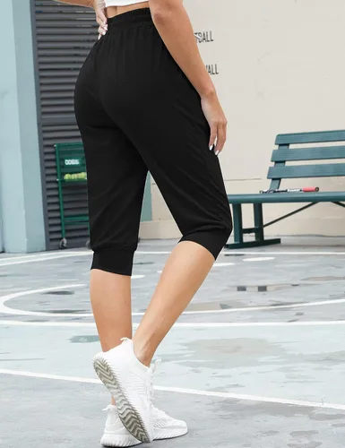 Vista 5 de Syhood Paquete de 2 pantalones deportivos capri para mujer, con cordón, pantalones capri casuales recortados con bolsillos