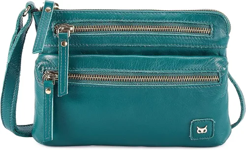 Vista 4 de Wise Owl Accessories Bolso cruzado pequeño de cuero real con triple cremallera para mujer, bolso cruzado vintage de primera calidad