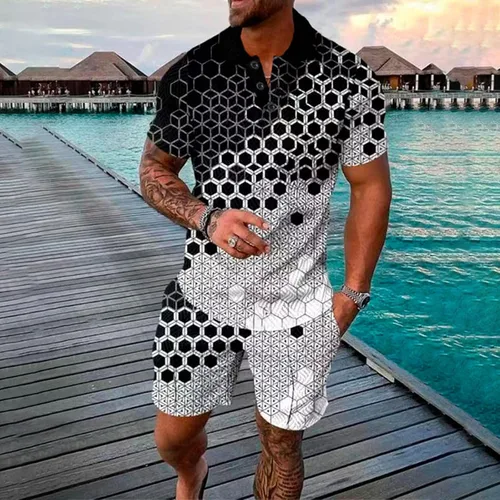 Vista 2 de Conjunto deportivo de 2 piezas para hombre, conjunto de tops y pantalones cortos, conjuntos de moda a rayas, traje deportivo casual de manga corta
