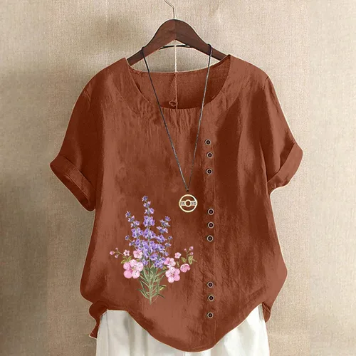 Vista 2 de Blusas casuales de verano para mujer, blusas con estampado gráfico floral, estilo vintage, cómoda, de algodón y lino