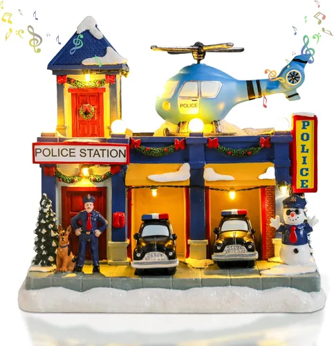 Vista 10 de Vipush Decoraciones de Casa de Pueblo Navideño de Resina Juego de Tren con Papá Noel Volador Decoración del Hogar Interior Figuras de Edificios Tren