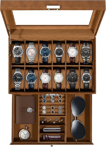 Vista 15 de Uten 12-Slot Watch Box, 2-Layers PU Leather Watch Case with Lock Negro