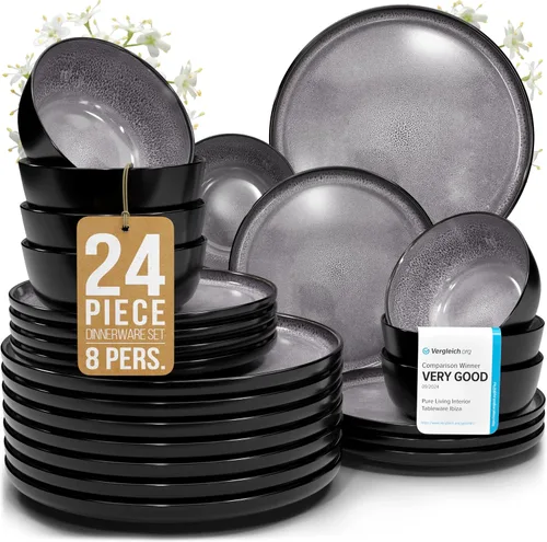 Vista 62 de Juego de vajilla de gres para 4 personas 12 piezas – Juego de platos y cuencos negros mate – Apto para lavavajillas, microondas y resistente a