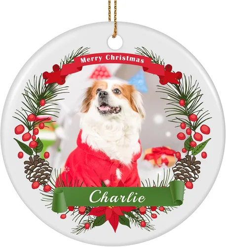 Vista 39 de Paquete de 4 adornos de Navidad personalizados 2025 de cerámica personalizada con foto y texto para decoración de árbol de Navidad, primera Navidad