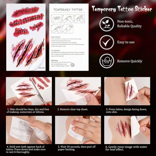 Vista 4 de NiHome 40 hojas de Halloween terror extraíble realista falso tatuaje temporal, traje de zombi Cosplay herida de sangre sangrado cicatriz variedad