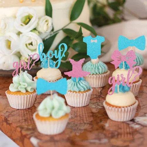 Vista 3 de Paquete de 24 adornos para cupcakes para niños o niñas, con purpurina rosa y azul, palillos para cupcakes de baby shower, corbatín, mameluco, mono