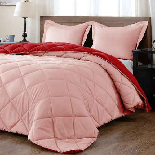 Vista 3 de Juego de edredón reversible alternativo de 5 piezas (rojo/rosa, Queen (88 x 88 pulgadas), 1 edredón con 4 fundas de almohada, algodón suave, 1000