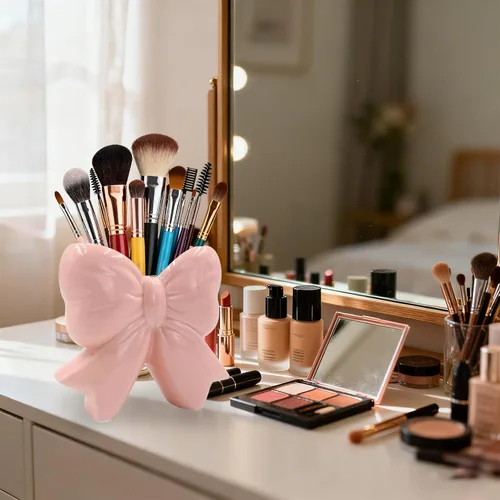 Vista 5 de Jarrón de cerámica con lazo rosa, diseño contemporáneo, decoración de lazo rosa, soporte para bolígrafo, soporte para brochas de maquillaje, regalo