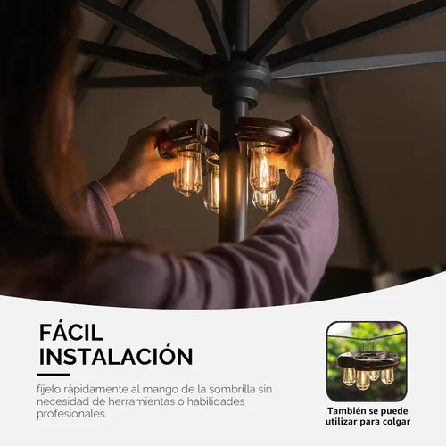 Vista 4 de Luz para sombrilla de patio con bombillas LED Edison, funciona con pilas, luces de poste para sombrilla para exteriores con 2 modos de iluminación