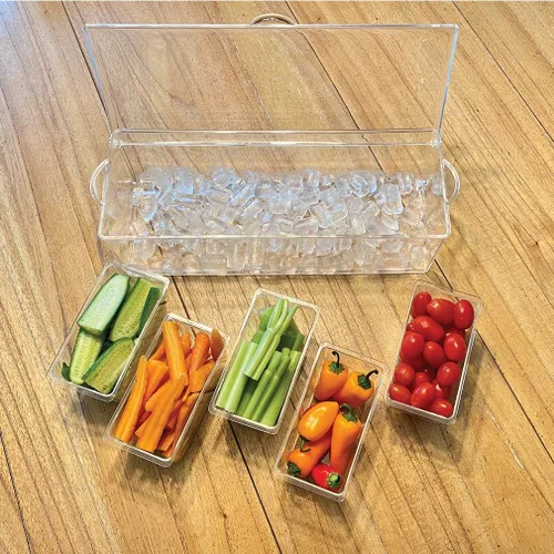 Vista 6 de Evelots Ice Chilled - Bandeja de condimentos de 5 compartimentos con tapa con bisagras, recipiente de plástico para servir para adornos, perfecto