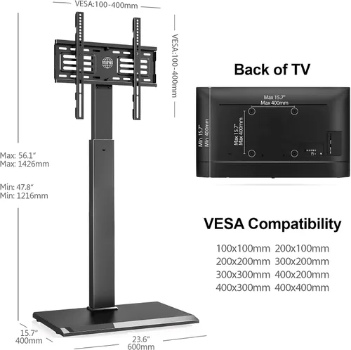 Vista 7 de FITUEYES - Soporte universal de suelo para TV con base de hierro, montaje giratorio para televisores LED, LCD, OLED, plasma, de pantalla plana