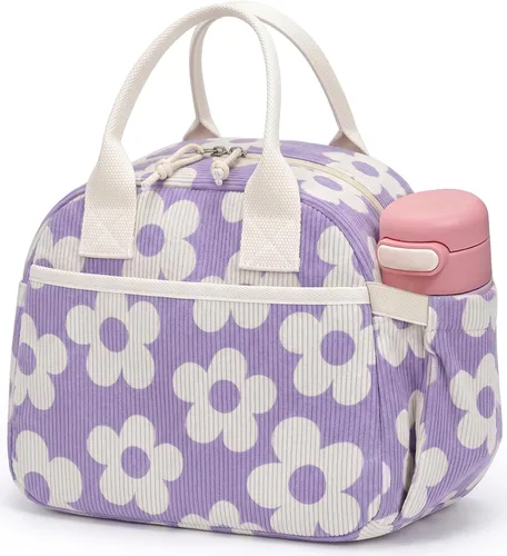 Vista 12 de Carry bloom Lonchera para mujer, lonchera aislada, bonita lonchera de pana reutilizable para el trabajo (1 rayas blancas y negras)