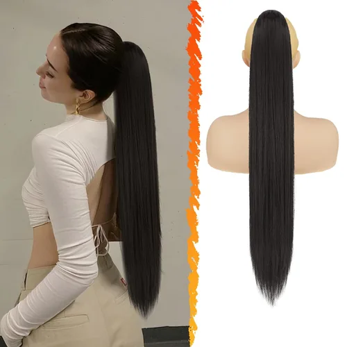 Vista 35 de Barsdar Extensión de cola de caballo marrón oscuro - Extensiones de cola de caballo cortas y rectas de 14 pulgadas con cordón para mujeres