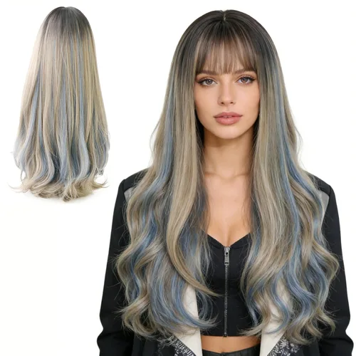 Vista 8 de Peluca larga negra con flequillo, peluca de cabello natural para mujer, peluca de cosplay