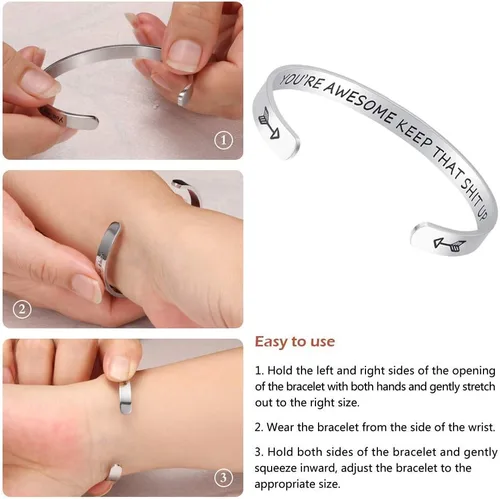 Vista 4 de Fesciory - Brazaletes inspiradores y motivadores para mujer, de acero inoxidable, con grabado personalizable y con texto en inglés Keep Going