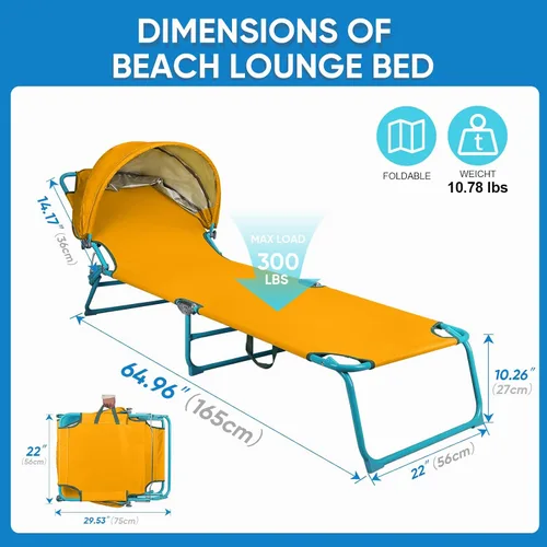 Vista 2 de Colorsoul Silla de bronceado con toldo solar, silla de playa ajustable de 4 posiciones para adultos, silla de descanso plegable resistente al aire