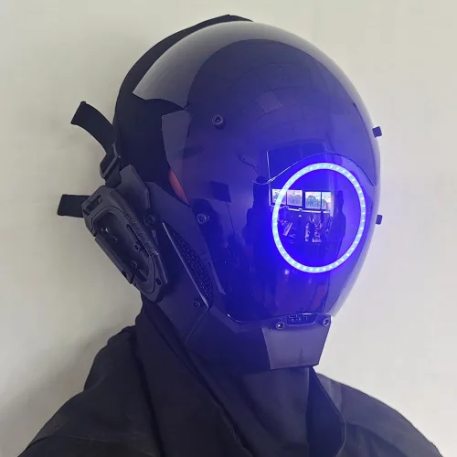 Vista 3 de KYEDAY Máscara punk cosplay para hombres, máscara de luz redonda LED para mujeres, cosplay, Halloween, fiesta, festival de música, accesorios