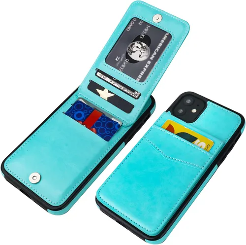 Vista 21 de KIHUWEY - Funda tipo cartera para iPhone 11, tarjetero con soporte, color negro Ranuras para tarjetas de crédito, soporte, piel sintética