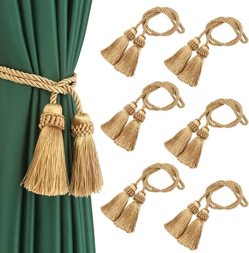 Vista 10 de Sujetadores de Cortina Hechos a Mano Decorativos Alzapaños de Cortina con Cuerda y Borla (Beige, 2P)
