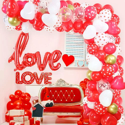 Vista 7 de Kit de guirnalda de arco de globos para el día de San Valentín, globos de corazón de confeti rojo y blanco con globo de amor de 40 pulgadas, 300