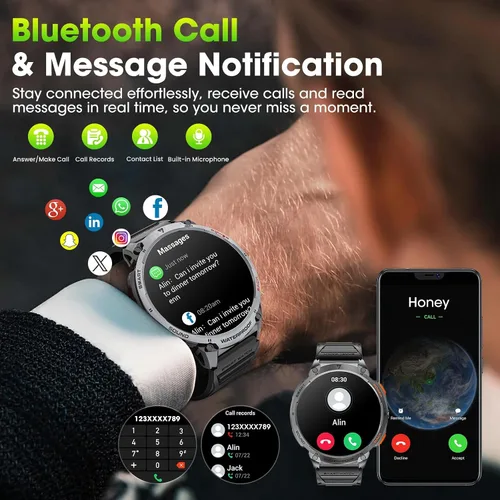 Vista 5 de Military Smart Watches for Men, 1.85" HD Large Screen Smart Watch, Flashlight/730mAh/110+ Sports Modes Fitness Tracker Watch, Waterproof Mens Smart