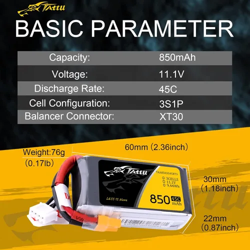Vista 2 de TATTU 850mAh 11.1V 45C 3S LiPo Batería con XT30 Plug para Multirotor FPV 150 180 Tamaño Quadcopter