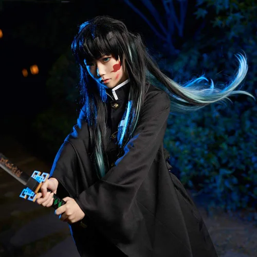 Vista 5 de Peluca larga recta Cosplay Cosplay Tokitou Muichirou para Demon Slaye Anime Kimetsu no Yaiba Personajes de Halloween Juega Pelucas Cosplay
