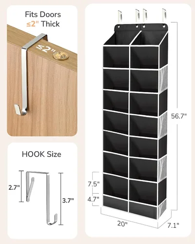 Vista 2 de ULG Organizador de zapatos sobre la puerta con 16 bolsillos grandes, zapatero colgante para puerta de armario, almacenamiento de zapatos que ahorra