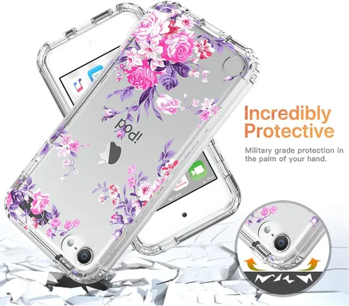 Vista 7 de Funda para iPod Touch 6/Touch 5/Touch 7 con protector de pantalla de vidrio templado, diseño floral a prueba de golpes, cubierta protectora