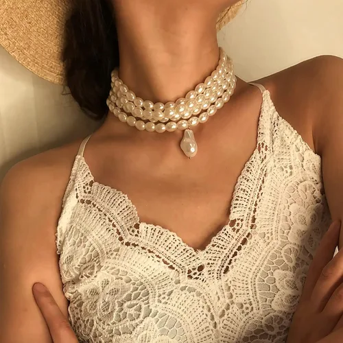 Vista 2 de Gargantilla de perlas multicapa para mujer, collar de perlas de novia para boda, collar de baile de los años 20, Metal
