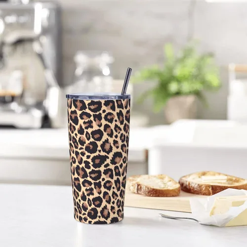 Vista 2 de Yobvec - Vaso con estampado de guepardo, con tapa y popote, de 20 onzas, taza aislada de acero inoxidable, regalos con estampado de leopardo