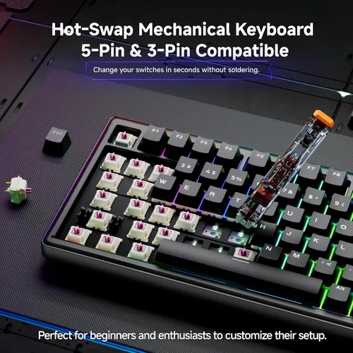 Vista 3 de TMKB Teclado mecánico con cable para juegos y mouse inalámbrico: T81E 75% Junta Teclado intercambiable en caliente con perilla + mouse Falcon M1