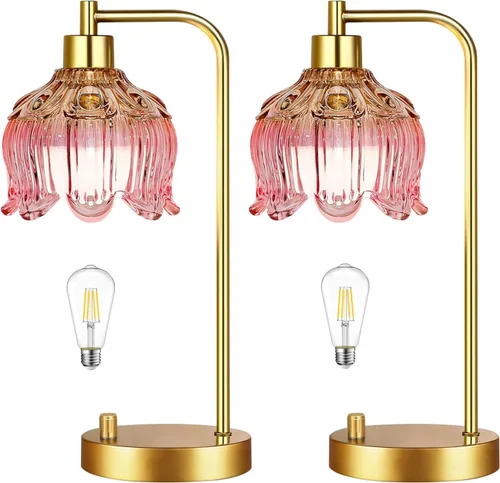 Vista 21 de ILLMTW Lámpara de mesa de flores para dormitorio, sala de estar, pequeñas lámparas doradas, regulables, estilo bohemio, con pantalla de cristal