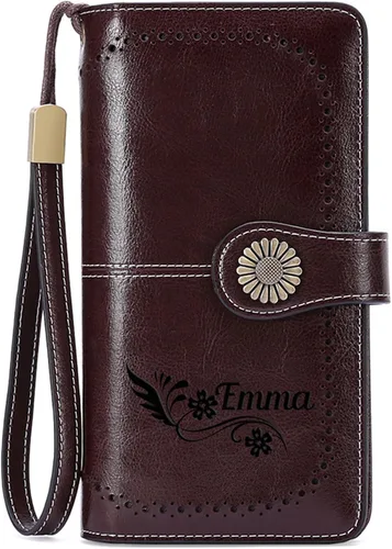 Vista 18 de Cartera de pulsera personalizada, carteras con nombre grabado personalizado con bloqueo RFID, gran capacidad, cartera de mano para tarjetas de Cuero