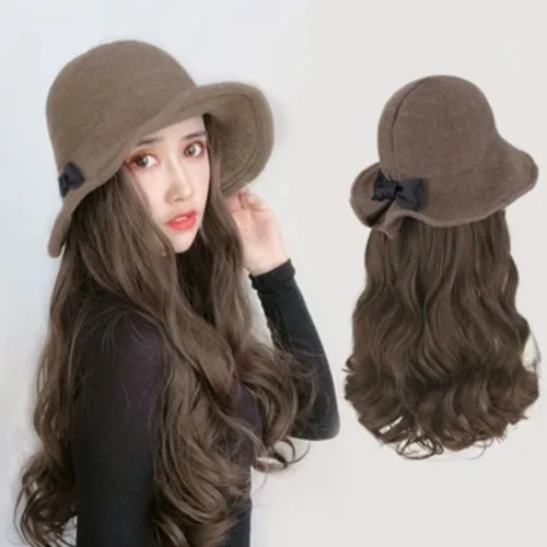 Vista 2 de Sombrero con extensión de cabello peinado largo ondulado para mujeres y niñas