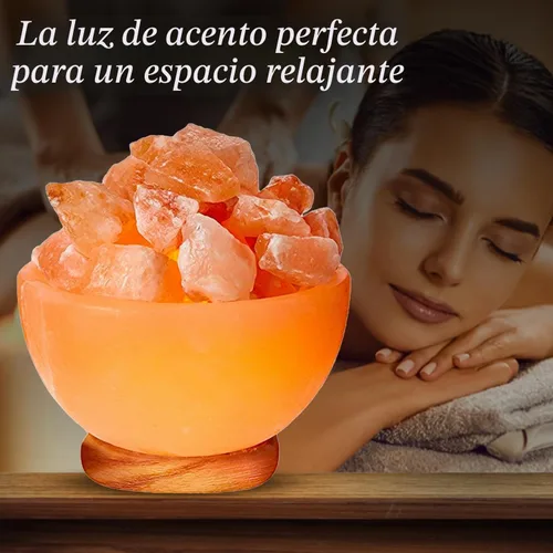 Vista 6 de Himalayan Glow Lámpara de cuenco de masaje con trozos de cristal de sal natural, cable de atenuación con base de madera clásica, lámpara de sal
