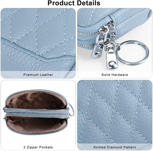 Vista 3 de XEYOU Monedero pequeño de piel auténtica con llavero y anillo, Azul, Casual