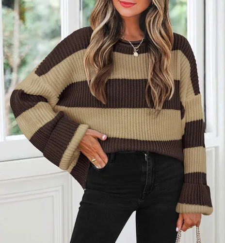 Vista 92 de ZESICA Suéter tejido sin botones de manga larga y cuello redondo, a rayas, bloques de color, cómodo, holgado, talla extragrande para mujer de 2024
