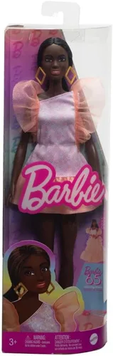 Vista 6 de Muñeca Barbie Fashionistas #216 con cuerpo alto y cabello negro en moño bajo en vestido de fiesta rosa y melocotón, juguete coleccionable del 65