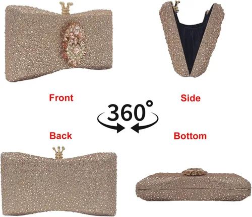 Vista 2 de HUANG ZHUANG Bolso de mano de cristal con lazo para mujer, con diamantes de imitación, para fiesta, boda, lindo bolso