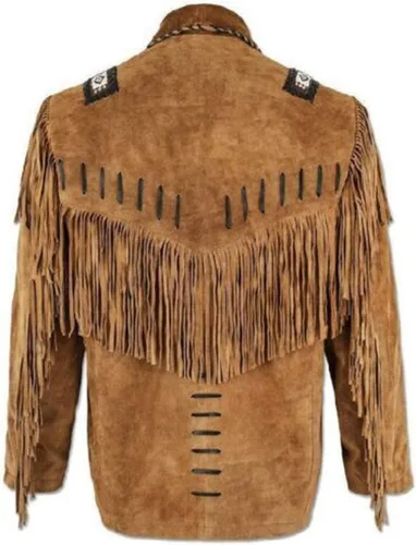 Vista 2 de Chaqueta de cuero de gamuza 100% real estilo occidental para la venta de abrigos nativos americanos con flecos, Negro