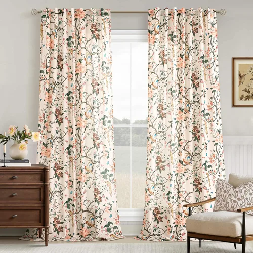 Vista 45 de Cortinas de lino de pájaro floral azul 2 paneles de 72 pulgadas de largo Aqua Blue