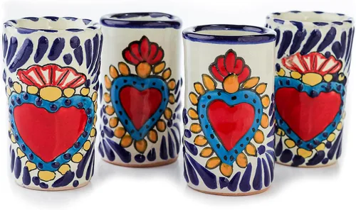 Vista 9 de Juego de 4 vasos de chupito Talavera auténticos mexicanos para tequila - Pintados a mano - 2 Oz (Corazón Azul)