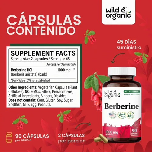 Vista 3 de Wild & Organic Berberine Cápsulas 1000 mg - Soporte antioxidante - 90 unidades Pure Berberine HCL Powder - Suplemento de corteza Berberis Aristata