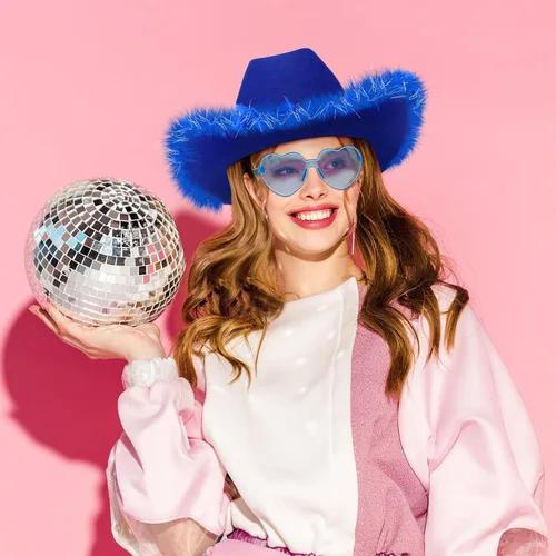 Vista 6 de Zhanmai 6 Pieces Cowgirl Hat with Feather Boa and 6 Pieces Heart Sunglasses Set for Girls Bachelorette Party, Costume Party