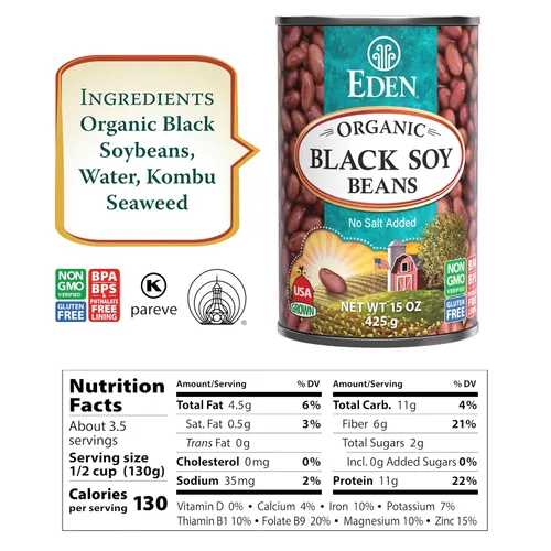 Vista 4 de Eden Soja negra orgánica, lata de 15 onzas (paquete de 12), proteína completa, sin sal, sin OMG, sin gluten, vegano, Kosher, cultivado en Estados