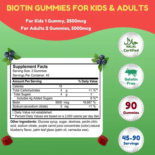 Vista 3 de SHIFAA NUTRITION Gomitas veganas de biotina para adultos y niños 90 gomitas 5000 mcg 45 porciones Sin OMG Sin gluten, gelatina, maní, huevo